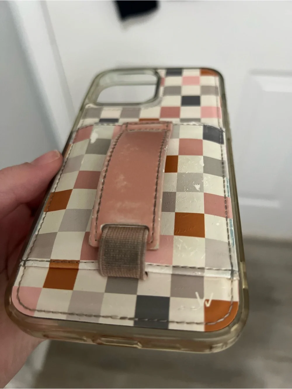 Pink Strap Checkered Phone Case with Secure Grip